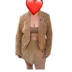 Vintage Y2K Genuine Leather Suede Jacket Mini Skirt Set Embellished